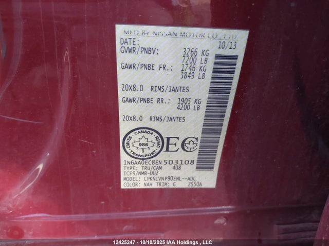 Nissan Titan 2014 1N6AA0EC8EN503108 Image 9