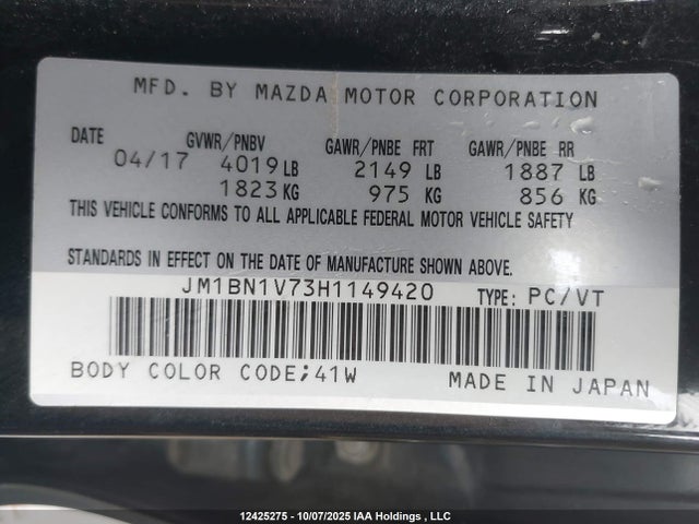 JM1BN1V73H1149420 Mazda MAZDA3