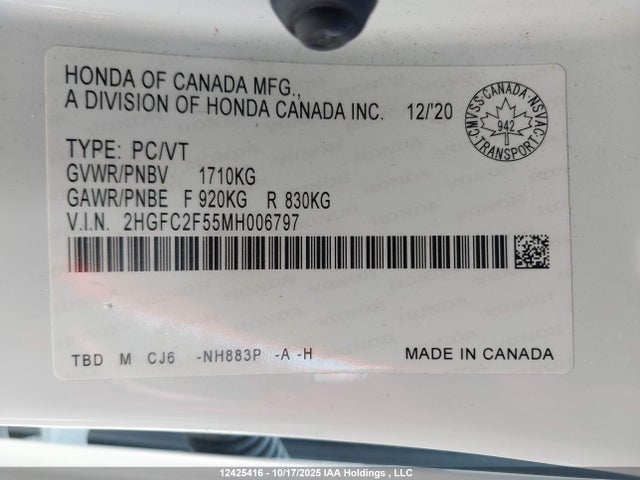 2021 Honda Civic Lx მანქანა იყიდება აუქციონზე, vin: 2HGFC2F55MH006797, აუქციონის ნომერი: 12425416