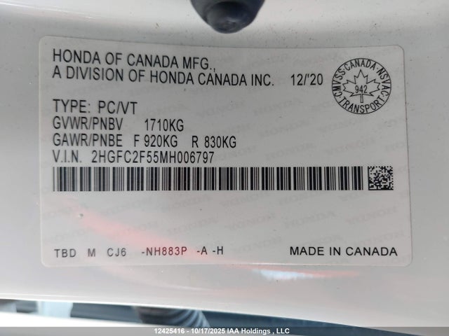 2021 Honda Civic Lx მანქანა იყიდება აუქციონზე, vin: 2HGFC2F55MH006797, აუქციონის ნომერი: 12425416