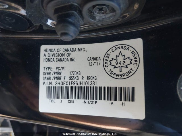 Продажа на аукционе авто 2018 Honda Civic Touring, vin: 2HGFC1F96JH101331, номер лота: 12425490