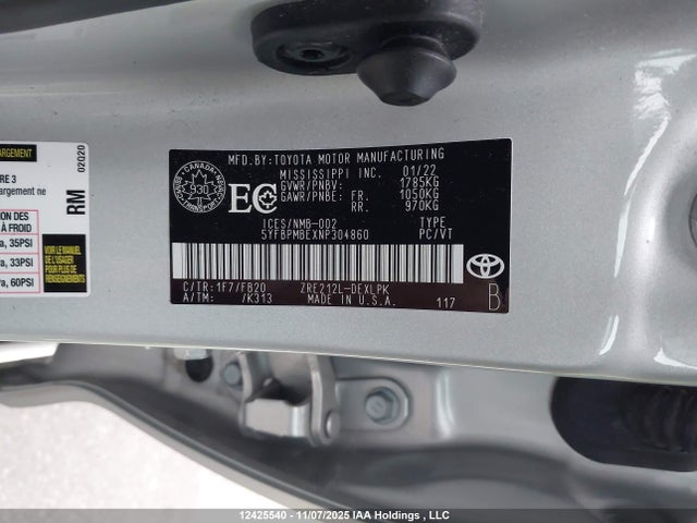 12425540 :رقم المزاد ، 5YFBPMBEXNP304860 vin ، 2022 Toyota Corolla Le مزاد بيع