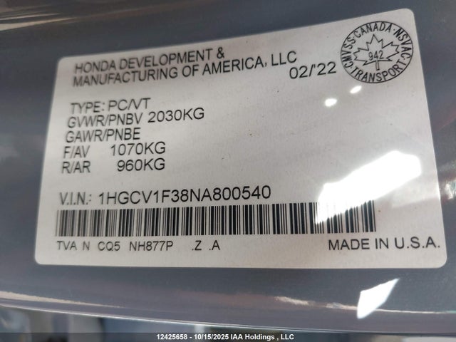 1HGCV1F38NA800540 Honda Accord Sport