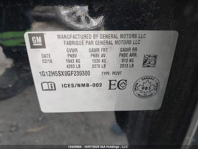 1G1ZH5SX0GF239300 Chevrolet ltg - sidi, alum dohc, vvt, dcvcp turbo, e0-e100, alum