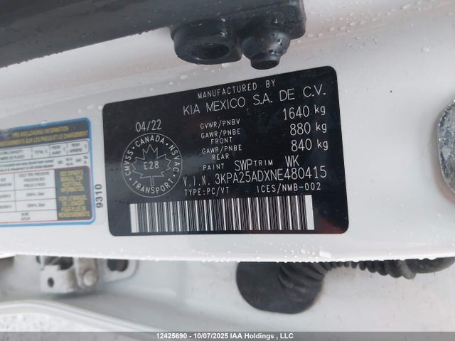 3KPA25ADXNE480415 KIA mpi gamma ii