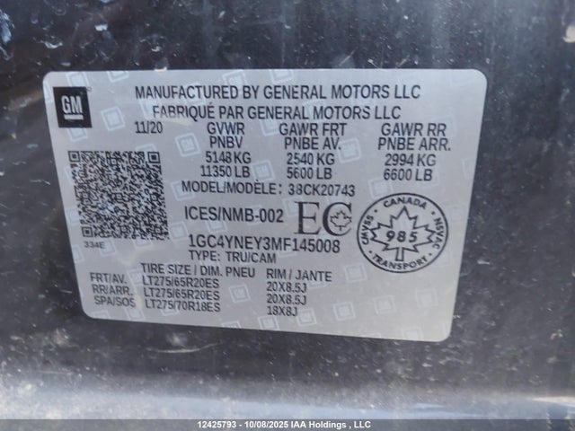 Продаж на аукціоні авто 2021 Chevrolet Silverado 2500hd Lt, vin: 1GC4YNEY3MF145008, номер лоту: 12425793