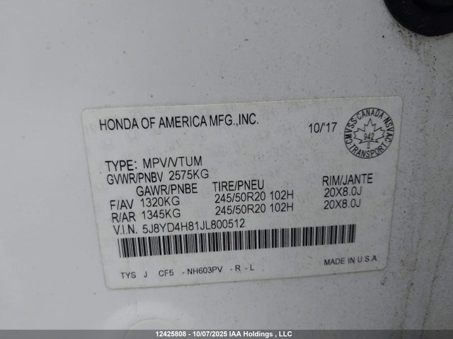 5J8YD4H81JL800512 Acura Mdx Elite Package