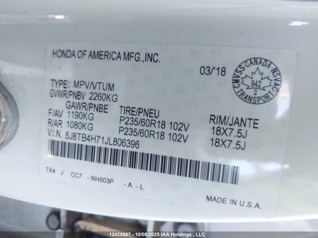 5J8TB4H71JL806396 Acura Rdx Elite