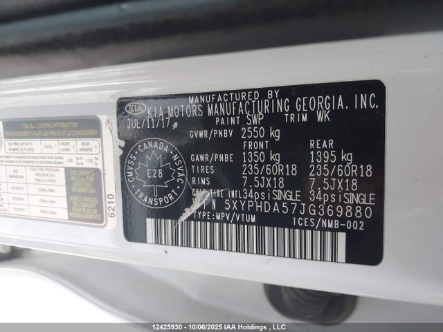 5XYPHDA57JG369880 KIA gdi lambda-ii