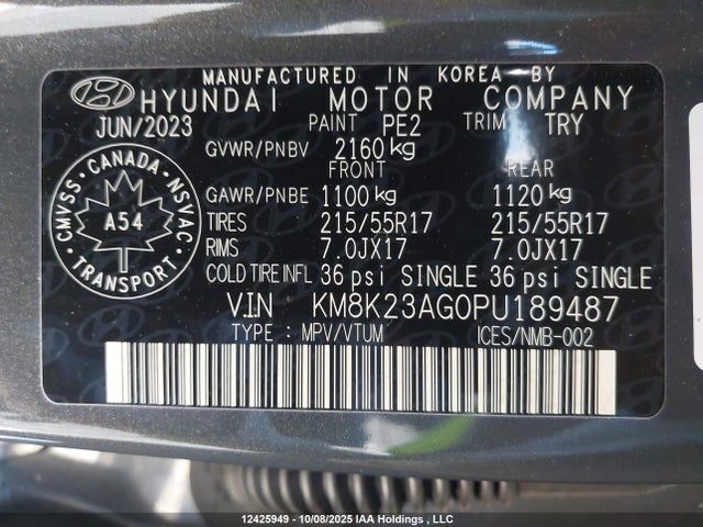 12425949 :رقم المزاد ، KM8K23AG0PU189487 vin ، 2023 Hyundai Kona Electric Preferred مزاد بيع