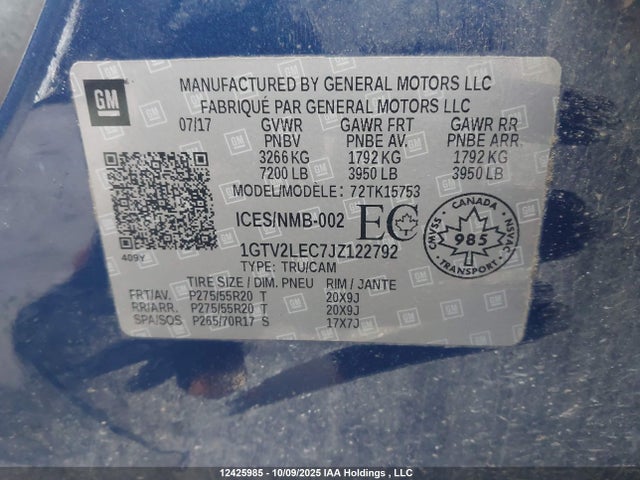 1GTV2LEC7JZ122792 GMC l83 -spark ignited direct injection, variable valve timing, afm, e85 max, alum
