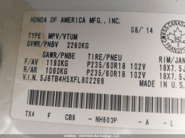 5J8TB4H5XFL802269 Acura j35z2