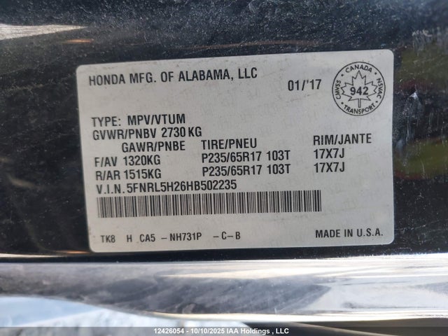 5FNRL5H26HB502235 Honda ODYSSEY LX
