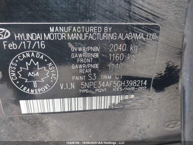 5NPE34AF5GH398214 Hyundai dohc gdi theta-ii