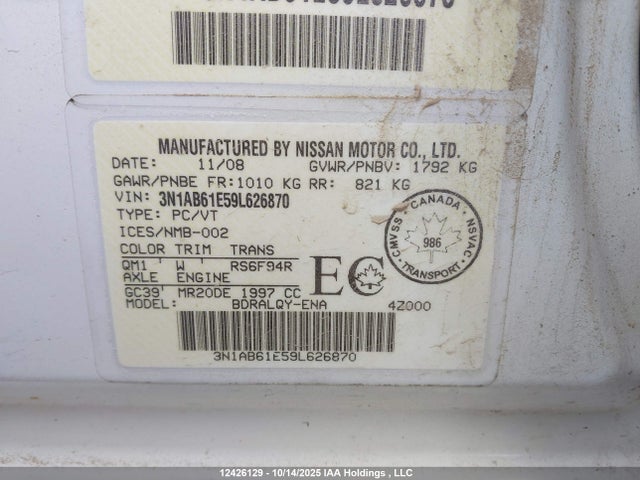 Aukcja sprzedaży 2009 Nissan Sentra 2.0/2.0 S/2.0 Sl, vin: 3N1AB61E59L626870, numer aukcji: 12426129