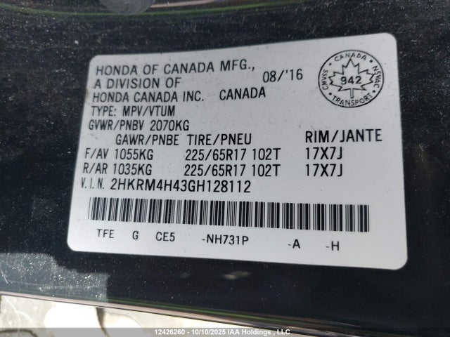 2HKRM4H43GH128112 Honda k24w9