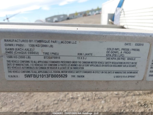 12426281 :رقم المزاد ، 5WFBU1013FB005629 vin ، 2015 Alcom Llc Utility Trailer C8 مزاد بيع