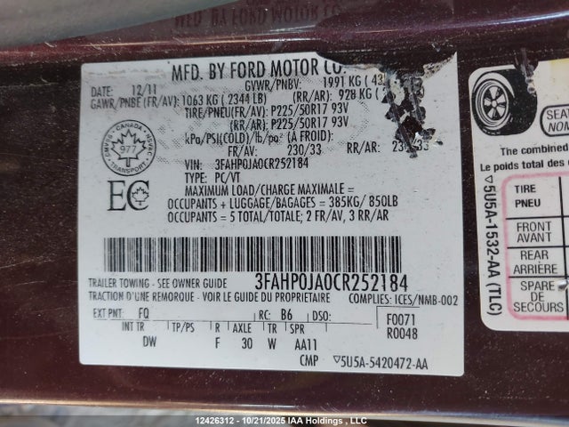 Продажа на аукционе авто 2012 Ford Fusion Sel, vin: 3FAHP0JA0CR252184, номер лота: 12426312