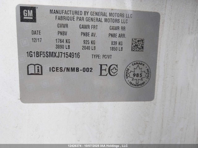 1G1BF5SMXJ7154916 Chevrolet Cruze Premier