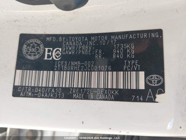 2018 Toyota Corolla მანქანა იყიდება აუქციონზე, vin: 2T1BURHE2JC001076, აუქციონის ნომერი: 12426581