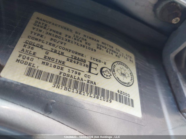 Aukcja sprzedaży 2007 Nissan Versa 1.8s, vin: 3N1BC13E17L381029, numer aukcji: 12426623