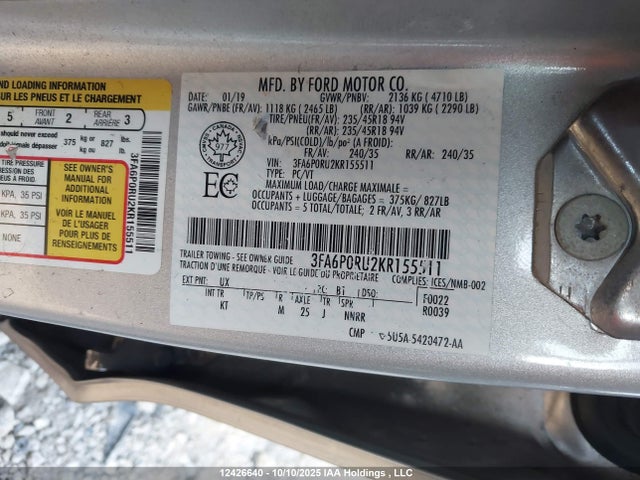 Aukcja sprzedaży 2019 Ford Fusion Hybrid Titanium, vin: 3FA6P0RU2KR155511, numer aukcji: 12426640