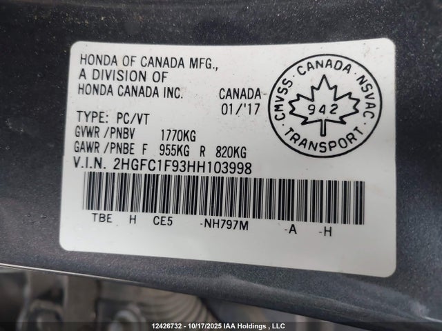 Honda l15b7 2017 2HGFC1F93HH103998 Image 9