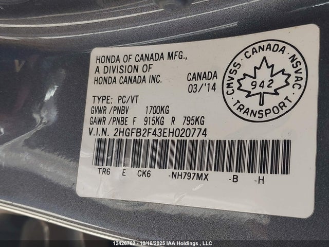 Honda r18z1 2014 2HGFB2F43EH020774 Image 9