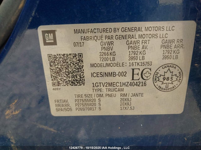 1GTV2MEC1HZ404216 GMC l83 -spark ignited direct injection, variable valve timing, afm, e85 max, alum