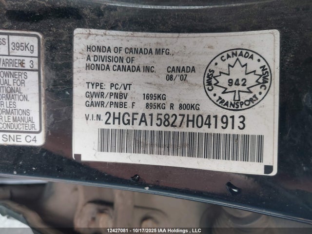 Auction sale of the 2007 Honda Civic Ex, vin: 2HGFA15827H041913, lot number: 12427081