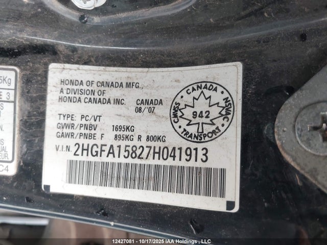 Auction sale of the 2007 Honda Civic Ex, vin: 2HGFA15827H041913, lot number: 12427081