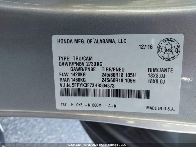 Honda j35y6 2017 5FPYK3F73HB504873 Image 9