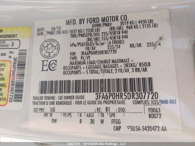 Aukcja sprzedaży 2013 Ford Fusion Se, vin: 3FA6P0HR5DR307720, numer aukcji: 12427270