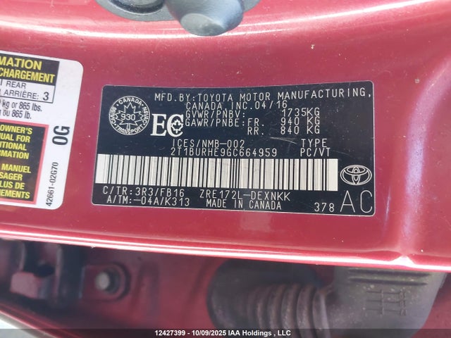 2T1BURHE9GC664959 Toyota 2zr-fe