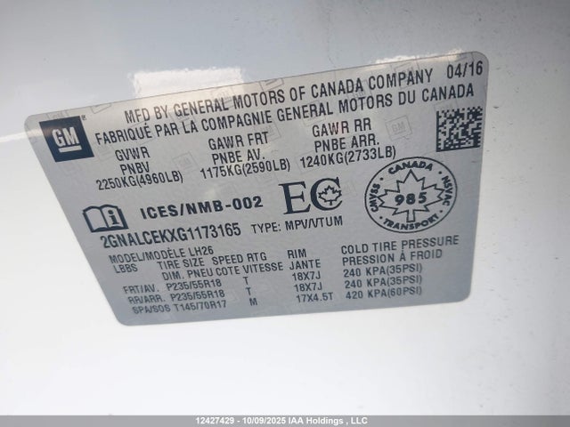 12427429 :رقم المزاد ، 2GNALCEKXG1173165 vin ، 2016 Chevrolet Equinox Lt مزاد بيع