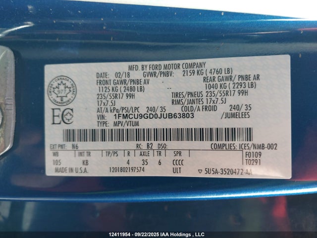 1FMCU9GD0JUB63803 Ford 1.5l gtdi sigma w/premium fuel