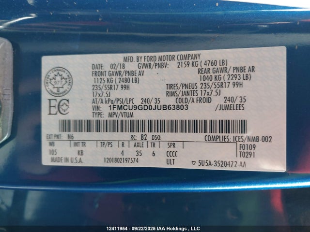 1FMCU9GD0JUB63803 Ford 1.5l gtdi sigma w/premium fuel