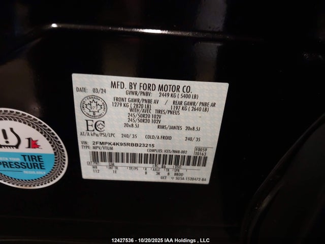 Продажа на аукционе авто 2024 Ford Edge Titanium, vin: 2FMPK4K95RBB23215, номер лота: 12427536