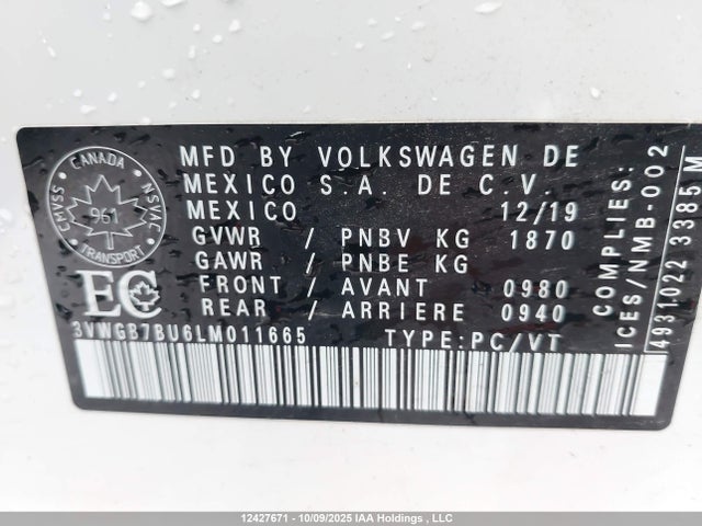 3VWGB7BU6LM011665 Volkswagen 1.4 tsi