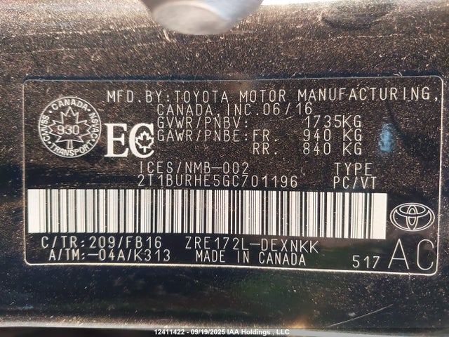 Toyota 2zr-fe 2016 2T1BURHE5GC701196 Image 9