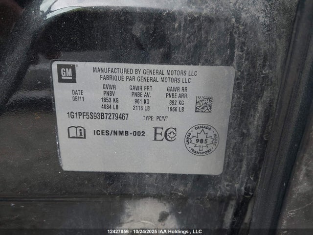 12427856 :رقم المزاد ، 1G1PF5S93B7279467 vin ، 2011 Chevrolet Cruze مزاد بيع