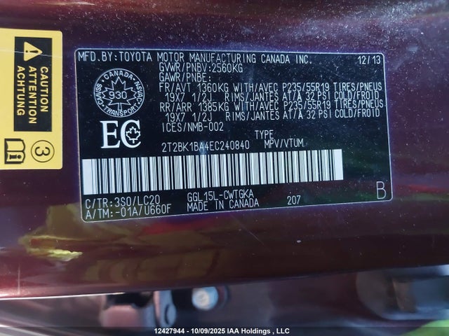 Lexus 2gr-fe 2014 2T2BK1BA4EC240840 Image 9