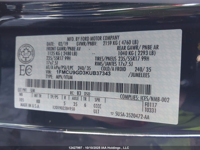 1FMCU9GD3KUB37343 Ford 1.5l gtdi sigma w/premium fuel