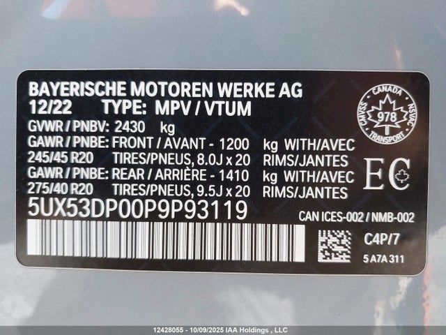 5UX53DP00P9P93119 BMW X3