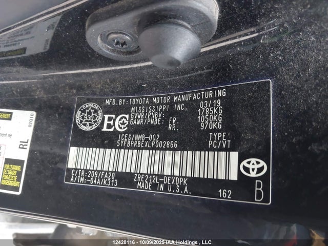 12428116 :رقم المزاد ، 5YFBPRBEXLP002866 vin ، 2020 Toyota Corolla L مزاد بيع