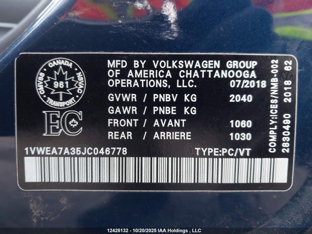 Aukcja sprzedaży 2018 Volkswagen Passat, vin: 1VWEA7A35JC046778, numer aukcji: 12428132