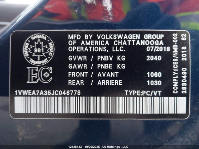 Aukcja sprzedaży 2018 Volkswagen Passat, vin: 1VWEA7A35JC046778, numer aukcji: 12428132