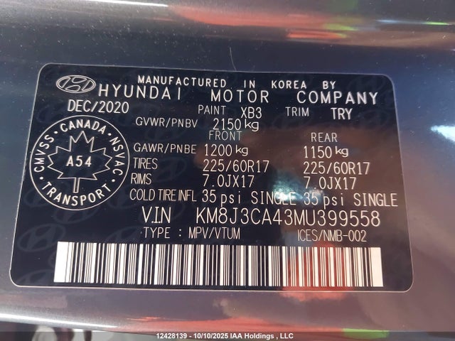 KM8J3CA43MU399558 Hyundai Tucson