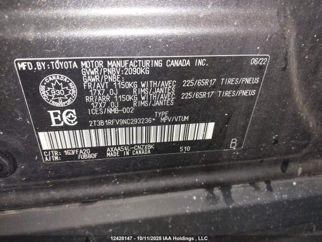 Aukcja sprzedaży 2022 Toyota Rav4 Le, vin: 2T3B1RFV9NC293236, numer aukcji: 12428147