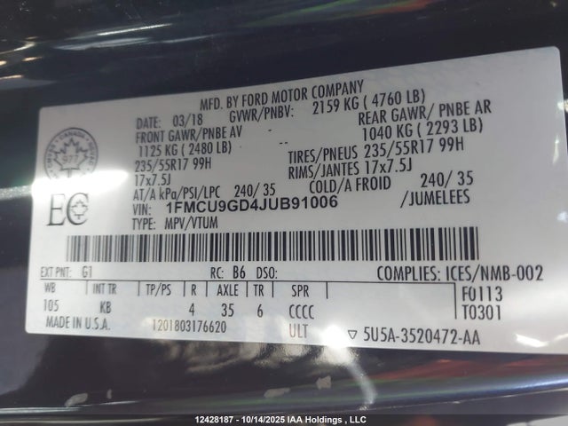 1FMCU9GD4JUB91006 Ford 1.5l gtdi sigma w/premium fuel